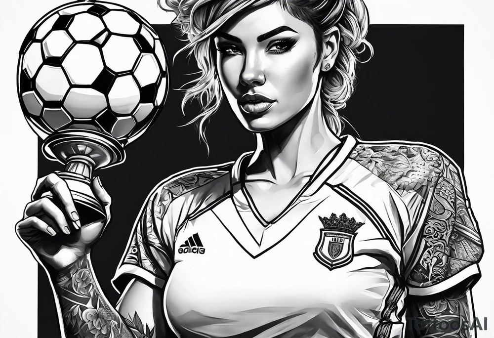 Woman warrior holding a soccer trophy in her hand and sensually wearing a soccer jersey. Holding a weapon in her other hand. tattoo idea