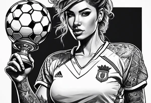 Woman warrior holding a soccer trophy in her hand and sensually wearing a soccer jersey. Holding a weapon in her other hand. tattoo idea