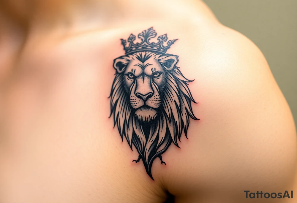 powerful majestic lion with a crown with a tree and for upper arm tattoo idea