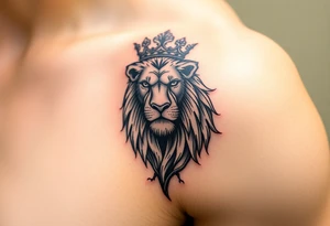 powerful majestic lion with a crown with a tree and for upper arm tattoo idea