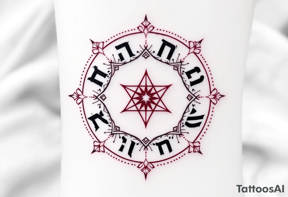 A circle of protective Hebrew letters in deep crimson, enclosing a radiant white star. tattoo idea