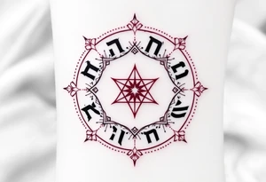A circle of protective Hebrew letters in deep crimson, enclosing a radiant white star. tattoo idea