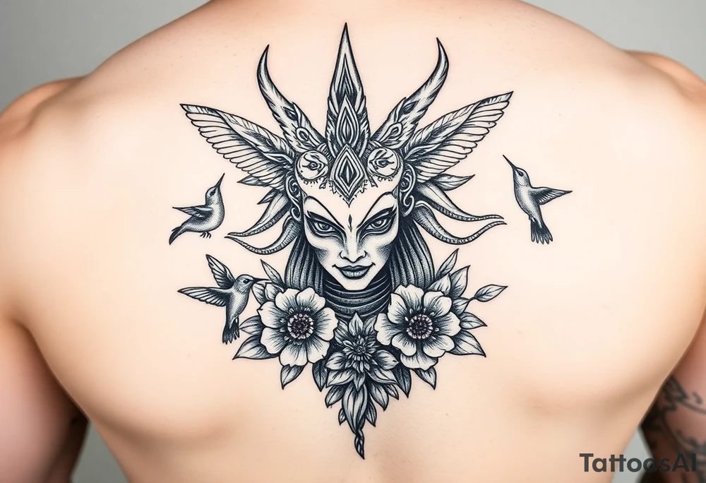 medusa head surrounded by hummingbirds and flowers tattoo idea