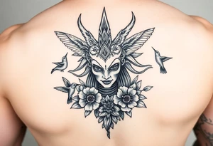 medusa head surrounded by hummingbirds and flowers tattoo idea