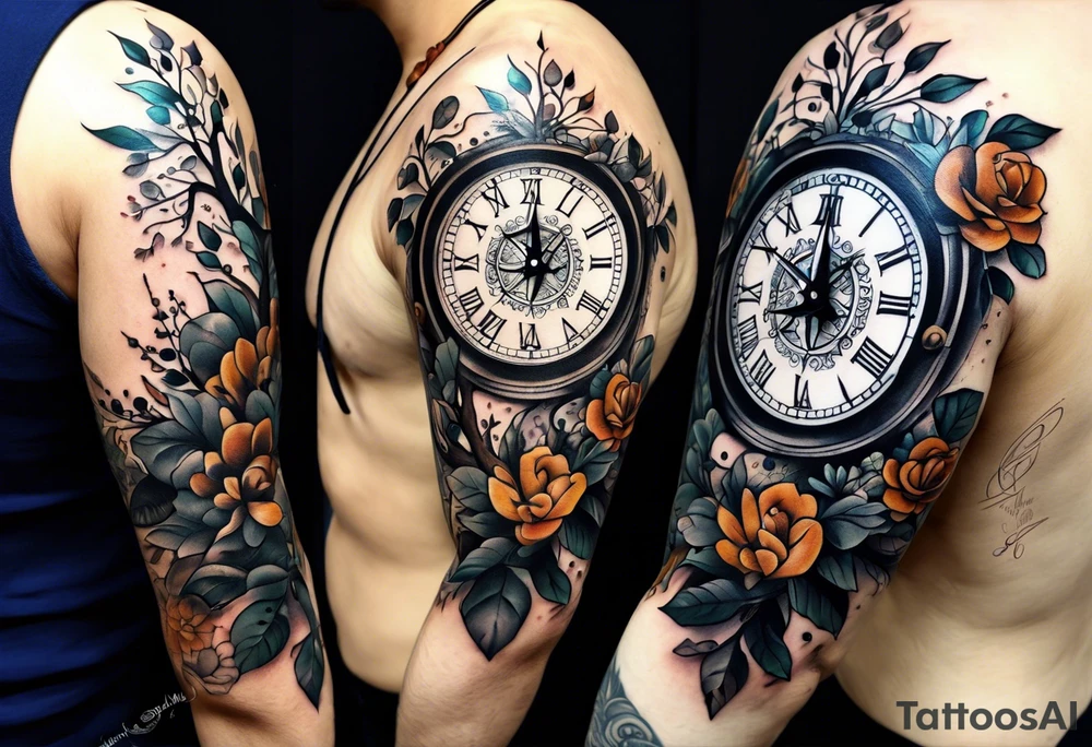 combination of a floating nautical compass and a old school clock face, and a doctor bird and tree of life and decorated with lignum vitae flowers, 3/4 sleeve on arm, flowing down the arm tattoo idea