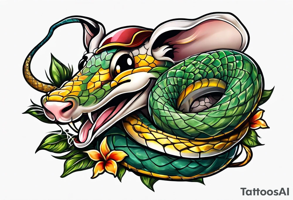 A mouse and snake having fun while sword fighting tattoo idea