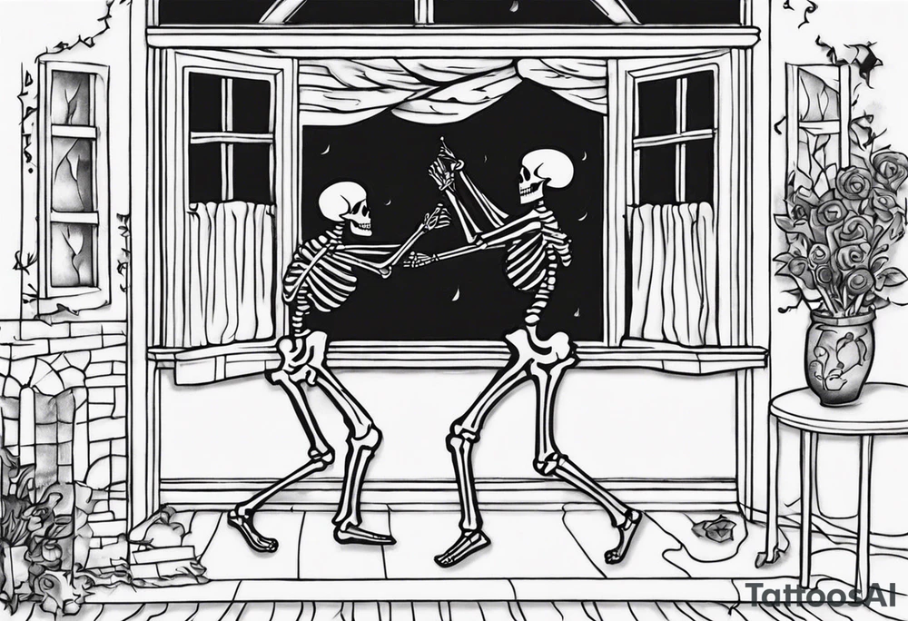 Slow dancing in a burning room but the couple are skeletons dancing and you can see them through a small window in a house on fire tattoo idea