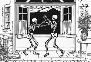 Slow dancing in a burning room but the couple are skeletons dancing and you can see them through a small window in a house on fire tattoo idea