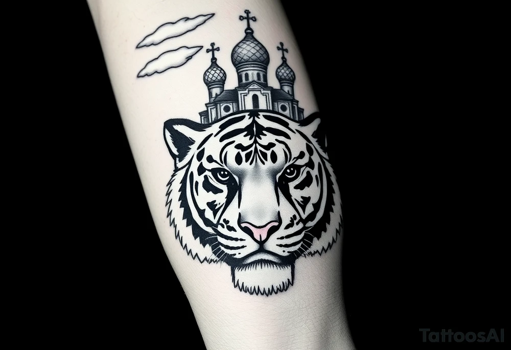 Realistic tiger face on the back of the hand with its eyes ALL black and no pupils, sitting beneath a Russian Orthodox cathedral sitting above on the top fore arm with onion domes and orthodox crosses. with clouds above and a virgin mary tattoo idea