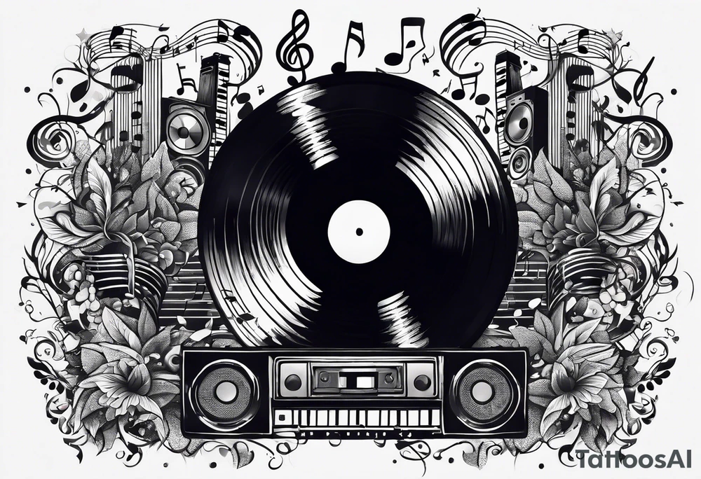 music notes surrounded by a record, a cassette tape, and saxophone parts tattoo idea