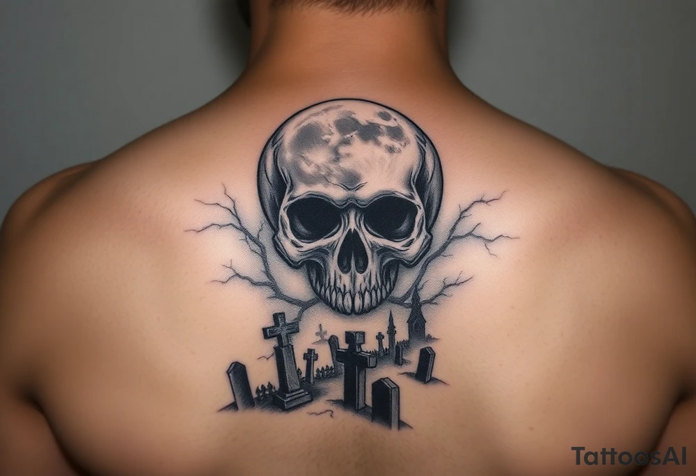 Full moon morphed into skull shining over foggy cemetery tattoo idea