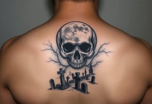 Full moon morphed into skull shining over foggy cemetery tattoo idea