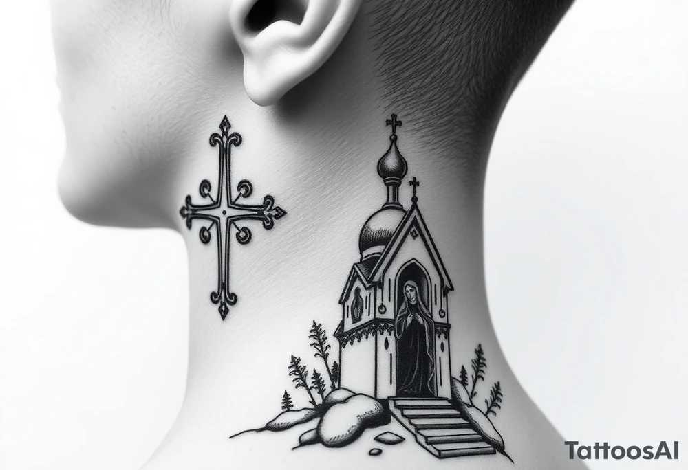 russian design traditional christian orthodox cross with a virgin mary stood beside the entrance of a russian orthodox dome church on the side of the neck in a wilderness setting with the design spread out the side of the neck tattoo idea