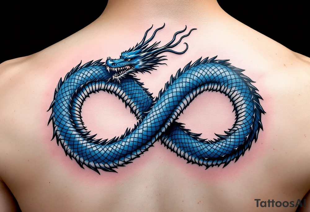 The design features a dragon, coiled in the shape of the infinity symbol (sideways number "8"). The dragon is depicted eating its own tail, symbolizing eternity and continuity, inspired by the Ouroboros.

Details:

The dragon's body has vibrant, glossy blue scales, with a smooth and polished texture.
It maintains a clean, balanced shape in the infinity figure, with sharp details and elegant flow.
Style:

The focus remains on the dragon's form, with no additional background elements to keep the design minimal and modern. tattoo idea