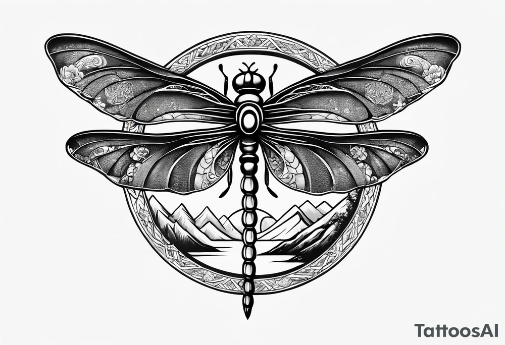 Mexican dragon fly ring over a mountain and around the moon arms sleeve tattoo idea