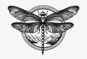 Mexican dragon fly ring over a mountain and around the moon arms sleeve tattoo idea
