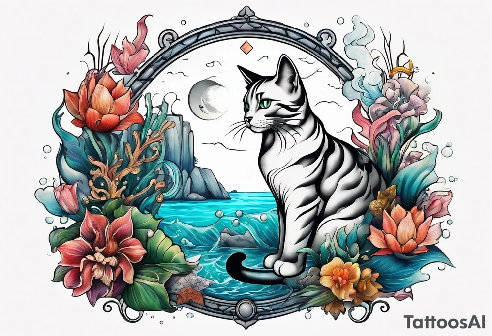 Underwater landscape with a family crest, a cat and a woman tattoo idea