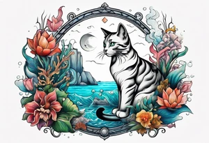 Underwater landscape with a family crest, a cat and a woman tattoo idea