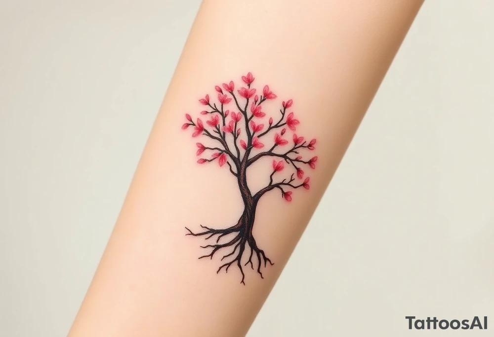 A delicate cherry tree with deep roots and lush soft pink petals, representing beauty, life, and fleeting yet precious family moments tattoo idea