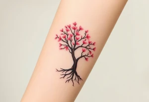 A delicate cherry tree with deep roots and lush soft pink petals, representing beauty, life, and fleeting yet precious family moments tattoo idea