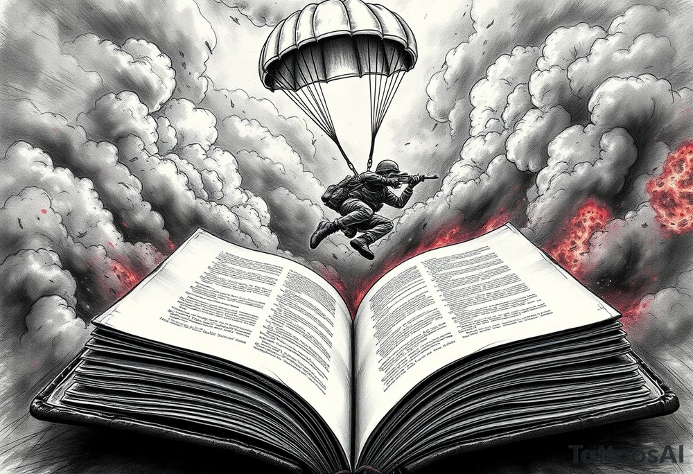 “A parachuting soldier descending from a storm-torn sky, smoke, embers and debris swirling around; the soldier is in mid-air, detailed gear (helmet, boots, rifle slung over shoulder), just about to land into an open, aged book with weathered pages spread wide. The book is large, ancient leather bound, its pages fluttering, cracks or tears on edges. The scene is dramatic, surreal: perspective from low so you see the book in foreground, sky above dark and chaotic, contrast between harsh sky and the calm, almost sacred book. Style: high-contrast black & grey with some muted earth tones and a single vivid accent colour (e.g. red). Fine line work, slightly realistic with stylised surreal elements; shadows deep; textures of leather, cloth, smoke detailed.” tattoo idea