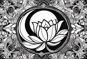 Feminine energy, yin yang, lotus flower, good luck, ohm sign, moon straight line tattoo idea