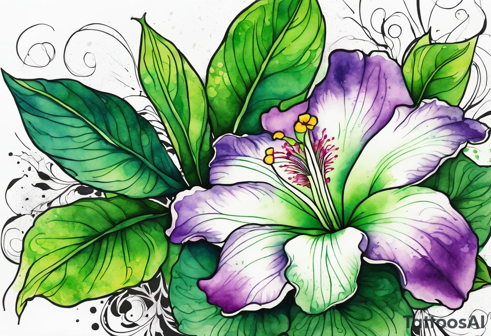 An outline of an only green rio dipladenia flower and a green and purple watercolor splash in the background tattoo idea
