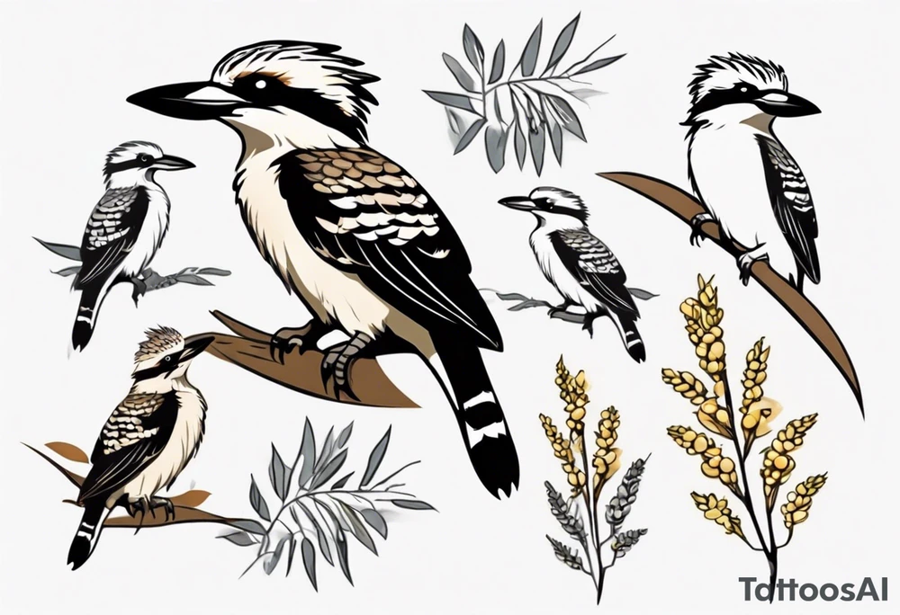 Small kookaburra sitting on wattle leaves tattoo idea