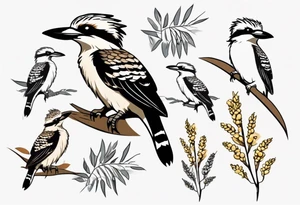 Small kookaburra sitting on wattle leaves tattoo idea