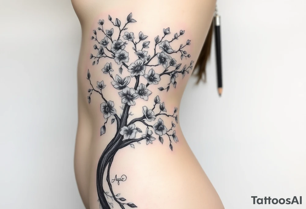 Body of a woman as the trunk forming a blossoming peach tree with morning glories & cosmo flowers small underneath tattoo idea
