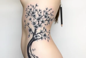 Body of a woman as the trunk forming a blossoming peach tree with morning glories & cosmo flowers small underneath tattoo idea