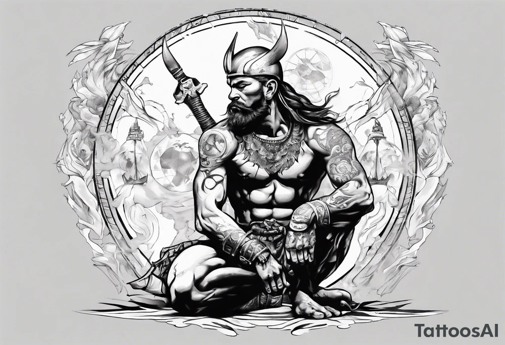 Peaceful and savage warrior kneeling with the whole world on his shoulders. tattoo idea
