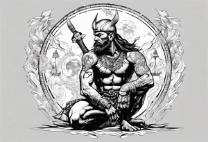 Peaceful and savage warrior kneeling with the whole world on his shoulders. tattoo idea