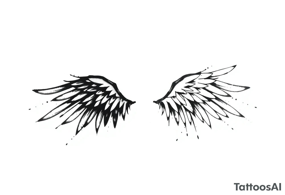 the wings go up

This tattoo design features a pair symmetrical angel wings drawn in black ink with a rough, sketch-like style. The left wing is darker, more defined, and appears denser, while the right wing is lighter, more delicate, and fragmented, creating a contrast between the two. The feathers are sharp and irregular, with fine lines and stray strokes extending outward, adding a raw and artistic feel. The overall look is dynamic and slightly chaotic, giving the impression of movement or an unfinished, ethereal form. This design symbolizes duality, freedom, transformation, or even struggle, making it a meaningful and visually striking tattoo. tattoo idea