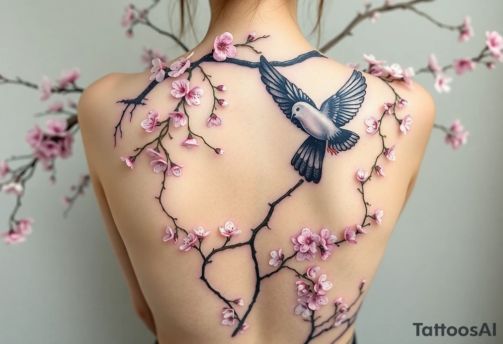 A big weeping, cherry blossom tree on the entire back, one baby Dove, flying into the sky. A Mom Dove hovering above the ground that’s turning black like she stained with grief. Goth romance 
These are the dates I want dainty in the heavily overflow of weeping cherry blossom branches and leaves March 31, 2024 – July 2, 2024 tattoo idea
