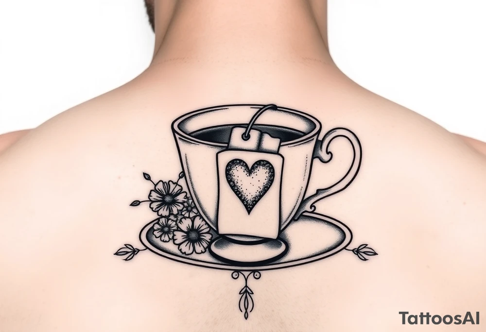 Vintage tea cup with small flowers and a small love heart on the tea bag tag tattoo idea