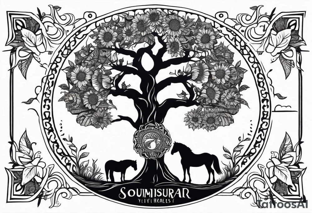 Yggdrasil tree, horse in front of it, and sunflowers tattoo idea