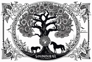 Yggdrasil tree, horse in front of it, and sunflowers tattoo idea