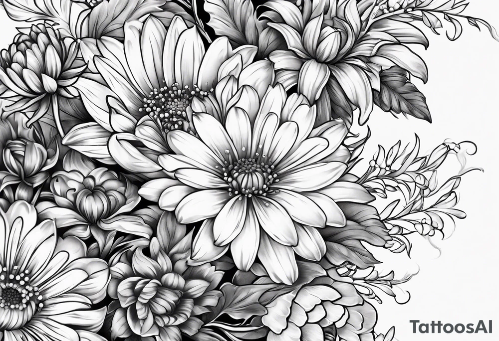 Asters, roses, lily of the valley, and chrysanthemums in a long line tattoo idea