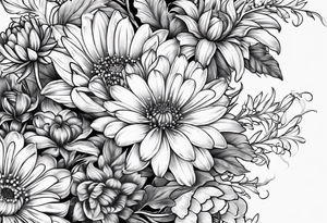Asters, roses, lily of the valley, and chrysanthemums in a long line tattoo idea