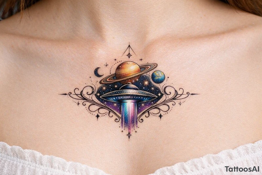 ufo under breast or space with planets tattoo idea