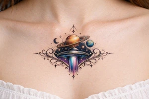 ufo under breast or space with planets tattoo idea