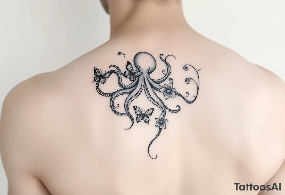 abstract tattoo design, flowing black fine lines, elegant minimalistic linework, psychedelic swirls like gasoline or oil floating on water, iridescent texture implied but in pure black ink, delicate organic curves, vapor-like trails, non-literal and surreal, suggestion of an octopus hidden in fluid tentacle-like lines, not a real octopus, just subtle illusion, abstract marine motion, with minimalist butterflies and flowers seamlessly integrated into the flowing pattern, modern feminine tattoo style, graceful and airy, inspired by Pis Saro and Balazs Bercsenyi, hint of nature and ocean depth, hypnotic and dreamlike, ink diffusion aesthetics, no solid fills, ethereal line-only design tattoo idea