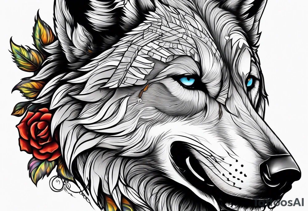 Half wolf half skull head tattoo idea