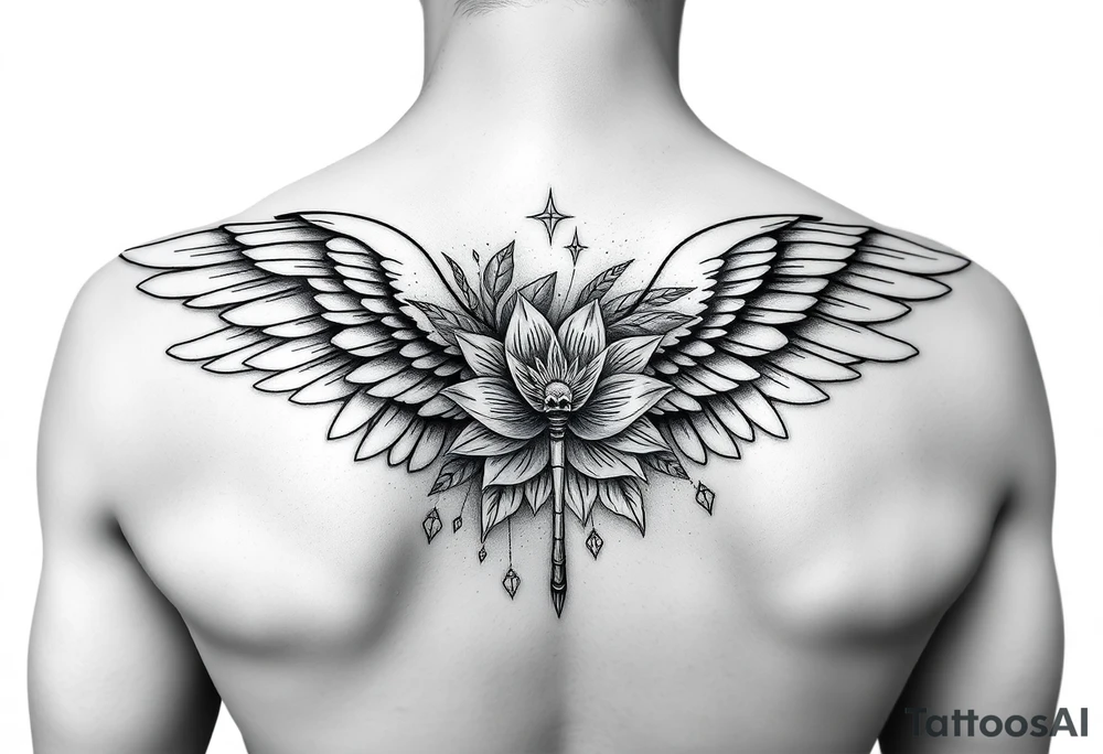 One Angel wing shoulder design with a floral waterlily and dragonfly design above it tattoo idea