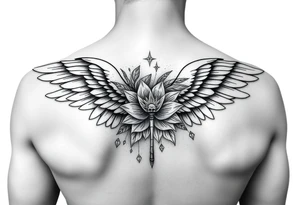 One Angel wing shoulder design with a floral waterlily and dragonfly design above it tattoo idea