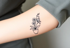 African violet, Daisy, Lily of the valley, Rose in a flower pot. Light color shading tattoo idea