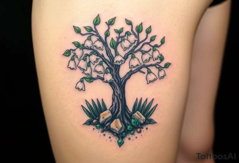 White Lilly of the vally bells growing around a blooming hawthorn  tree with emerald stones emerging from the ground tattoo idea
