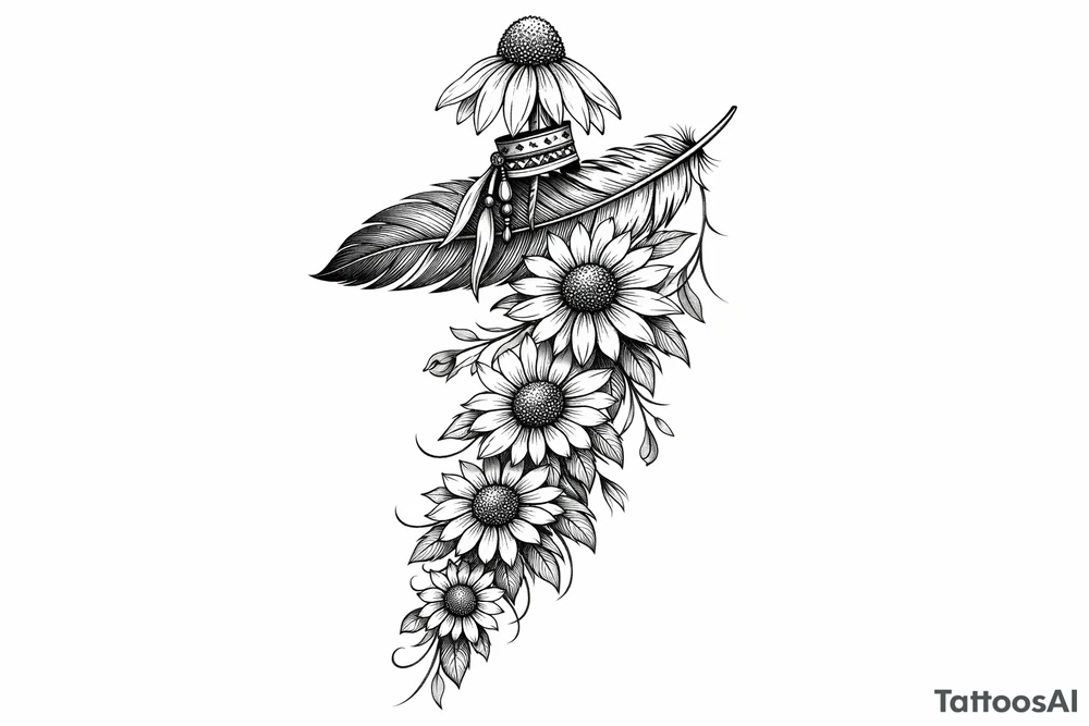 cascading sunflowers 1 coneflower wrapped in simple Native American ribbon on top of a feather tattoo idea