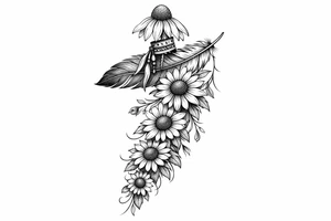 cascading sunflowers 1 coneflower wrapped in simple Native American ribbon on top of a feather tattoo idea